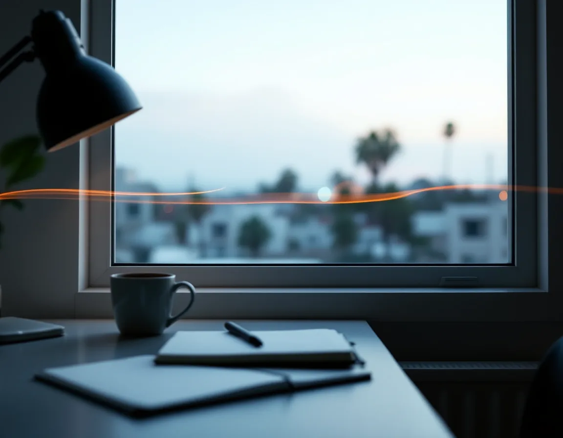 A writer's desk by a window with a streak of warm light across the wall