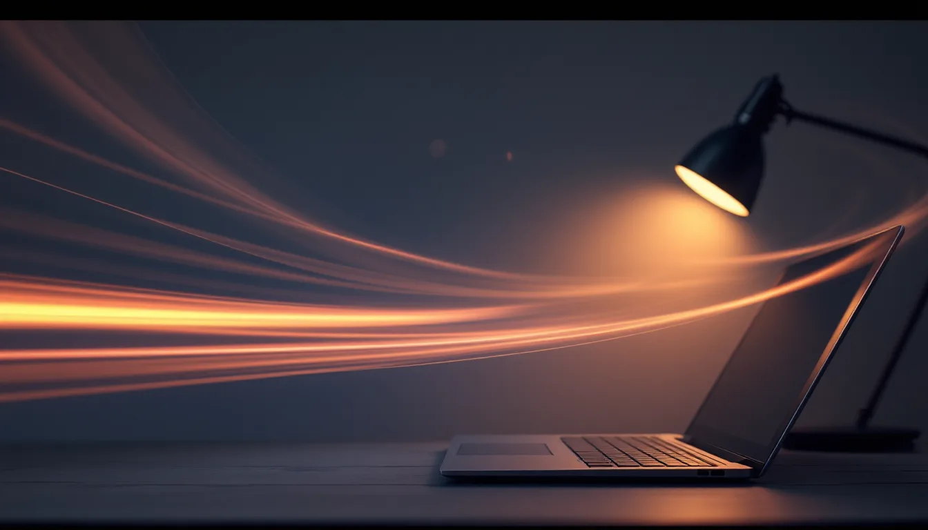Light trails sweeping across a laptop screen on a clean desk